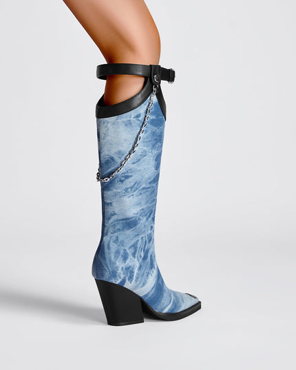 Light Blue Denim Chain Embellished Knee High Boots-2
