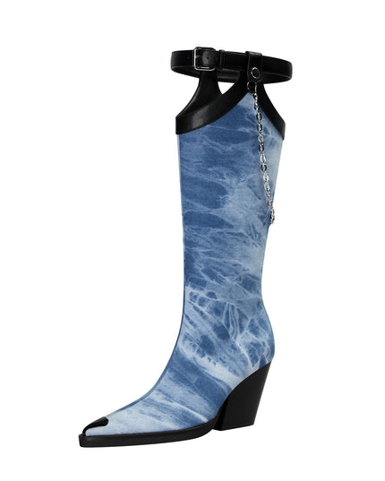 Light Blue Denim Chain Embellished Knee High Boots-3