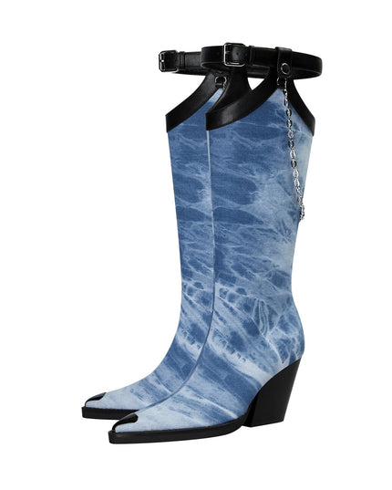 Light Blue Denim Chain Embellished Knee High Boots-4