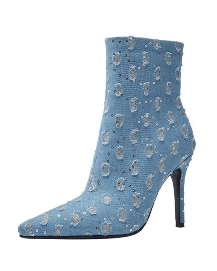 Light Blue Denim Distressed Dots Pointed Ankle Boots-2