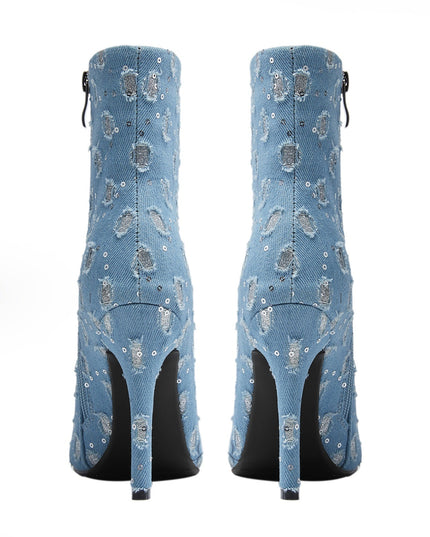 Light Blue Denim Distressed Dots Pointed Ankle Boots-4