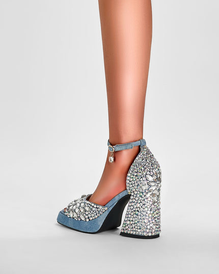 Light Blue Gem Encrusted Peep Toe Ankle Strap Sandals-1