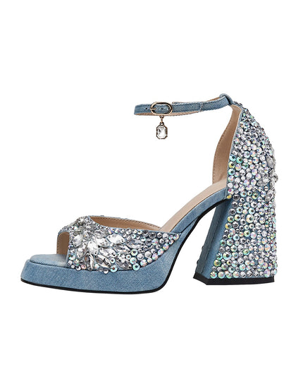 Light Blue Gem Encrusted Peep Toe Ankle Strap Sandals-3