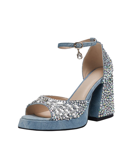 Light Blue Gem Encrusted Peep Toe Ankle Strap Sandals-4
