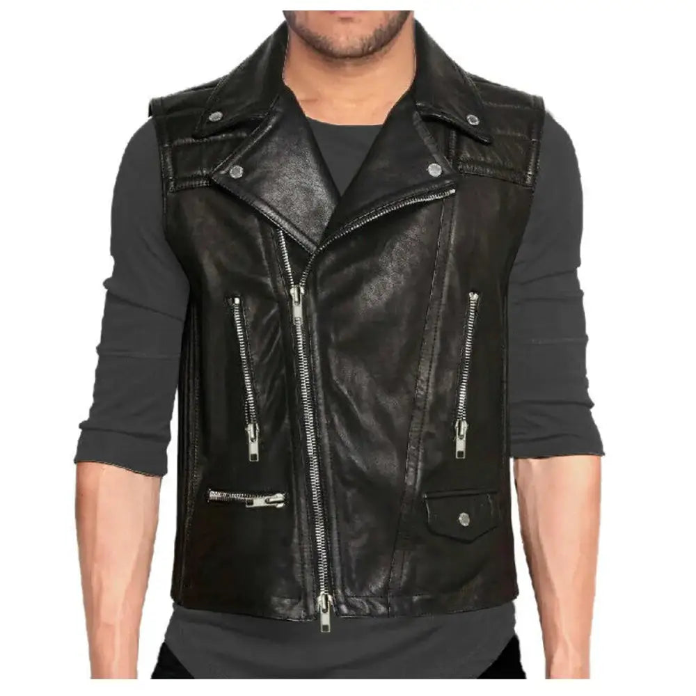 Men’s Classic Biker Leather Waistcoat Vest-0