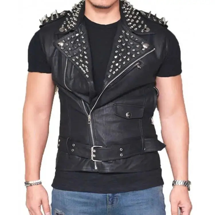 Men’s Real Leather Punk Biker Vest – Silver Spikes Studded-2