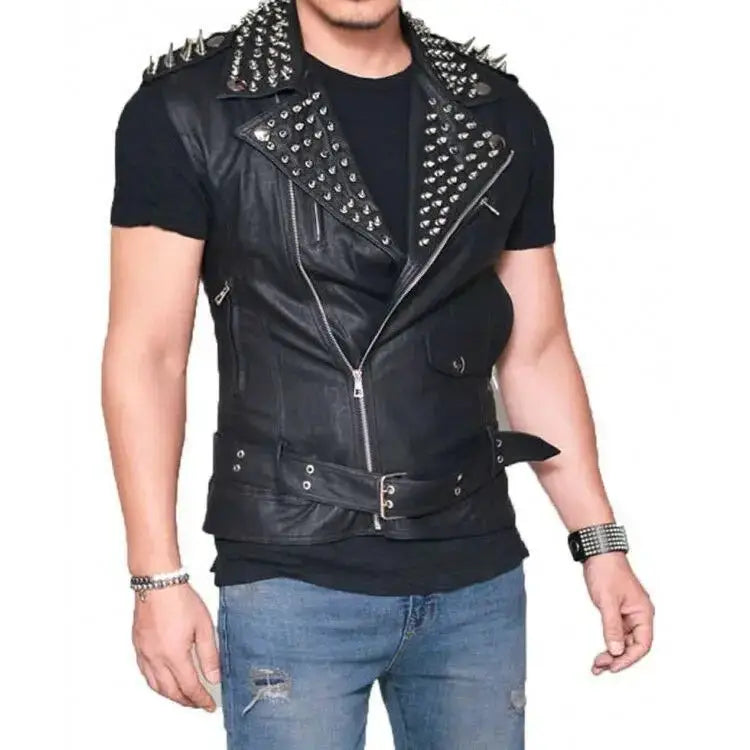 Men’s Real Leather Punk Biker Vest – Silver Spikes Studded-0