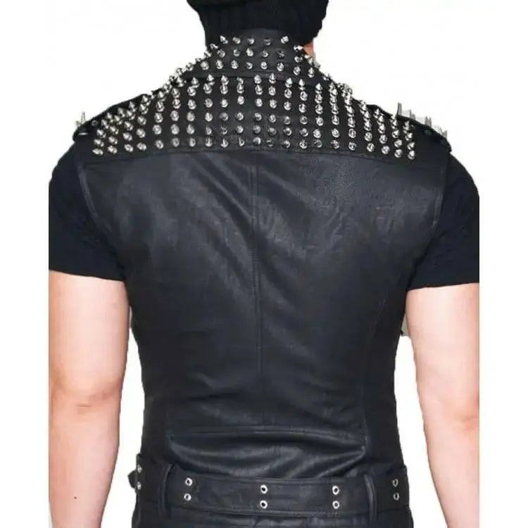 Men’s Real Leather Punk Biker Vest – Silver Spikes Studded-1