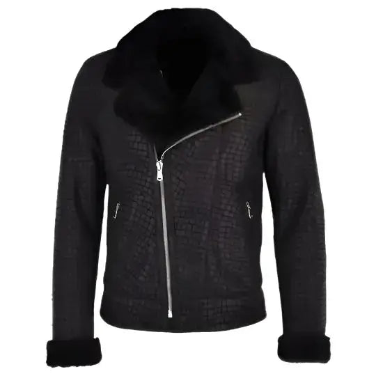 Men's Black Crocodile-Print Sheepskin Coat-0