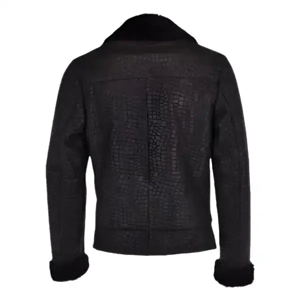 Men's Black Crocodile-Print Sheepskin Coat-1