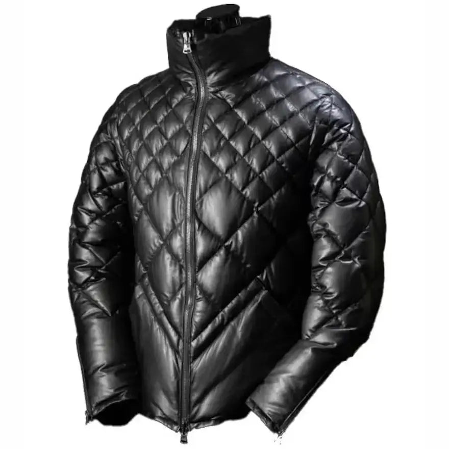 Men’s Black Lambskin Leather Puffer Jacket – Leather Down Jacket-2