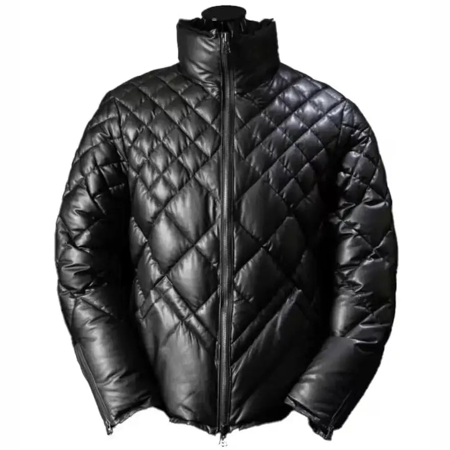 Men’s Black Lambskin Leather Puffer Jacket – Leather Down Jacket-0