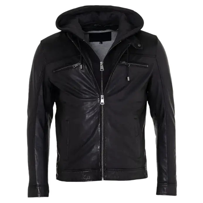 Mens Black Leather Jacket with Hood-0