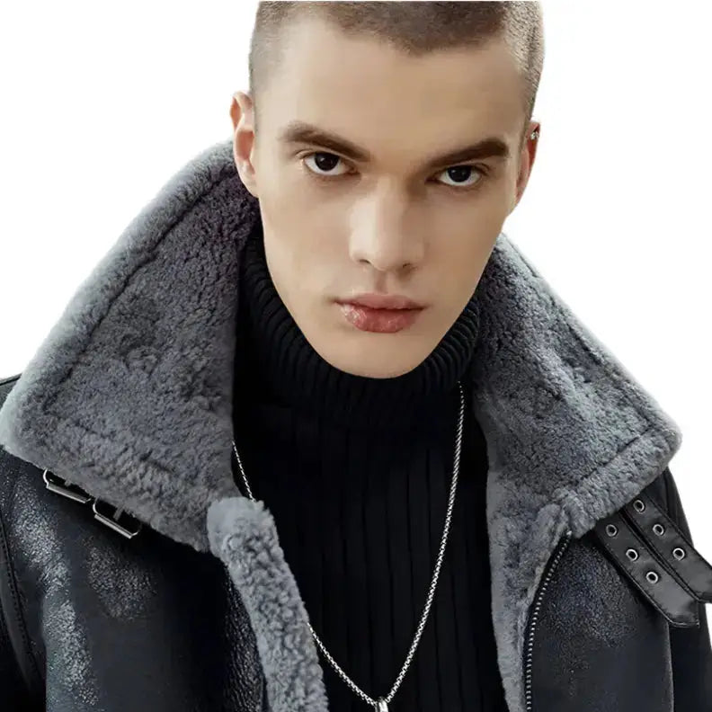 Men’s Black Shearling B3 Bomber Jacket – Sheepskin Pilot Coat-3