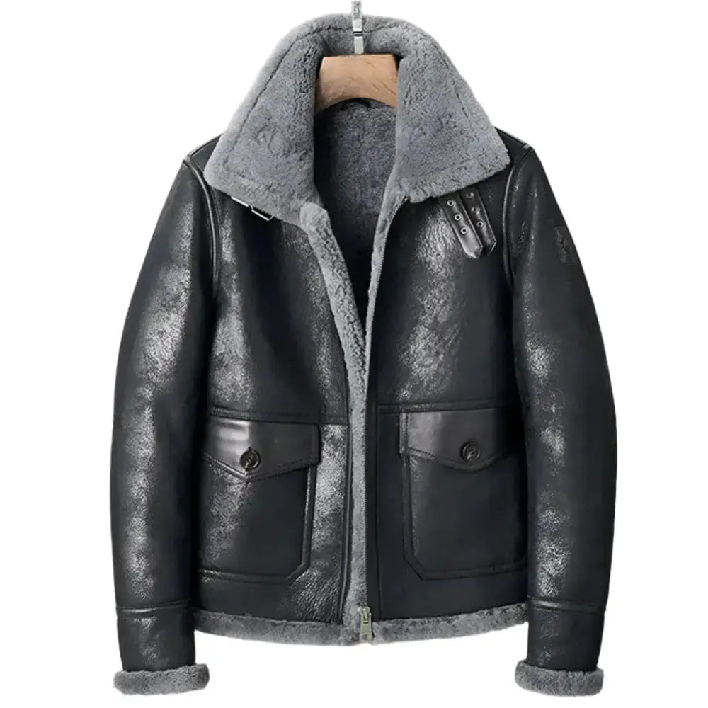 Men’s Black Shearling B3 Bomber Jacket – Sheepskin Pilot Coat-0