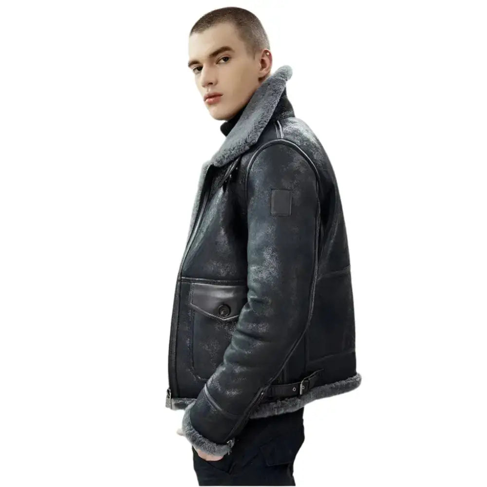 Men’s Black Shearling B3 Bomber Jacket – Sheepskin Pilot Coat-2