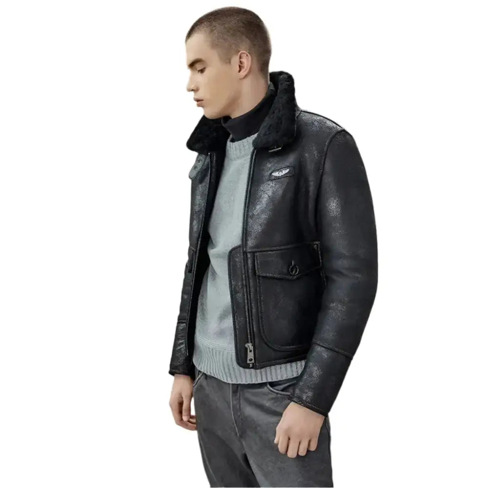 Men’s Black Shearling Lapel Jacket – Short B3 Bomber Leather Coat-2