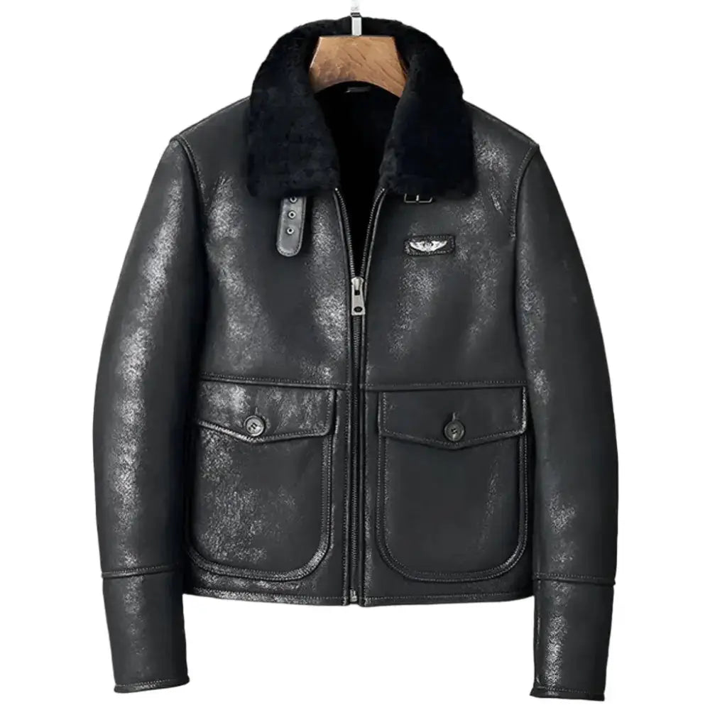 Men’s Black Shearling Lapel Jacket – Short B3 Bomber Leather Coat-0