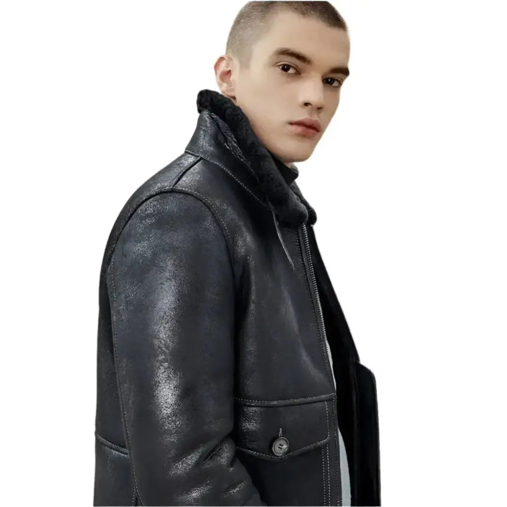 Men’s Black Shearling Lapel Jacket – Short B3 Bomber Leather Coat-3