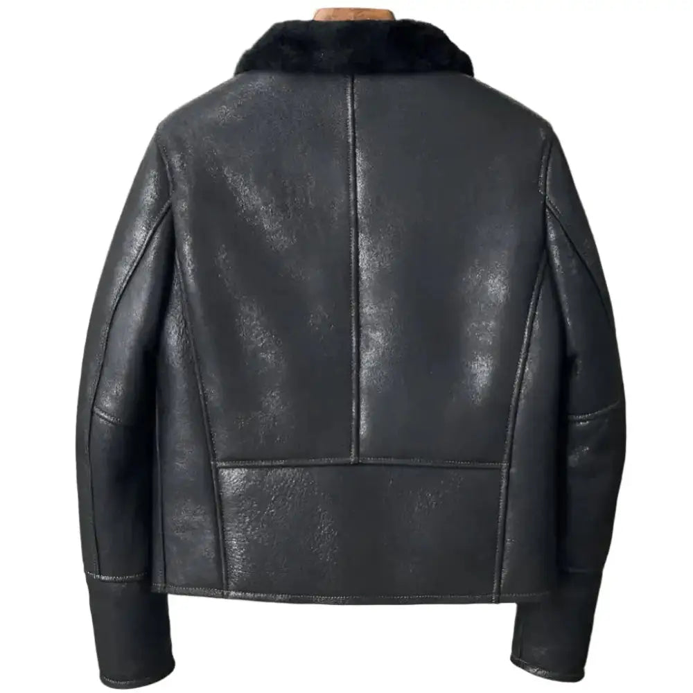 Men’s Black Shearling Lapel Jacket – Short B3 Bomber Leather Coat-1