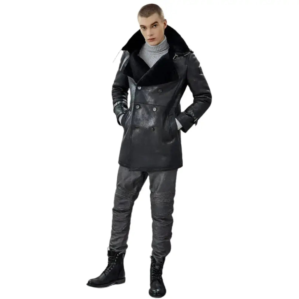 Men’s Black Shearling Long Trench Coat-3