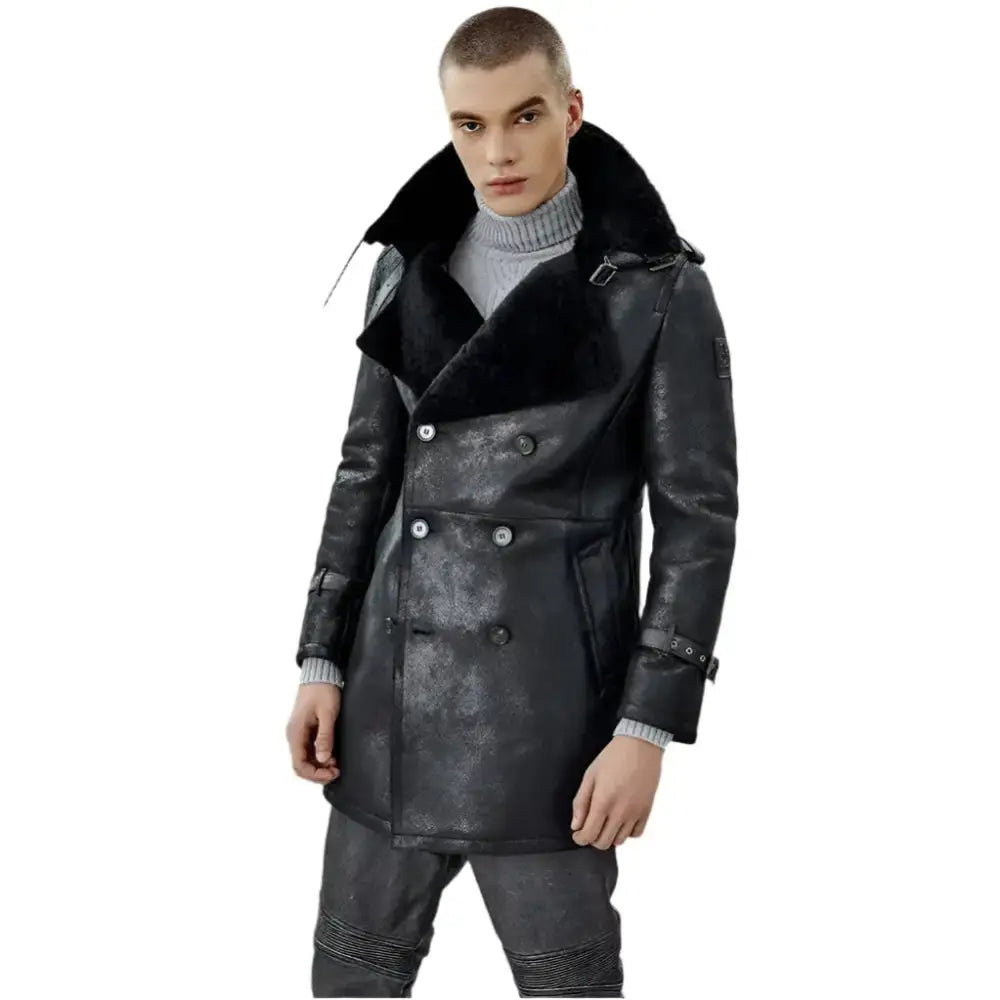 Men’s Black Shearling Long Trench Coat-2