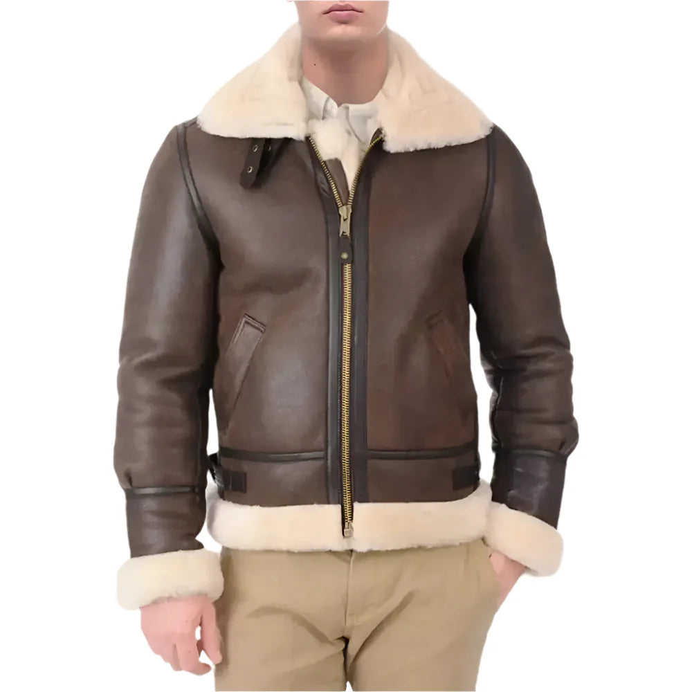 Men’s Brown B3 Shearling Aviator Sheepskin Leather Bomber Jacket-0