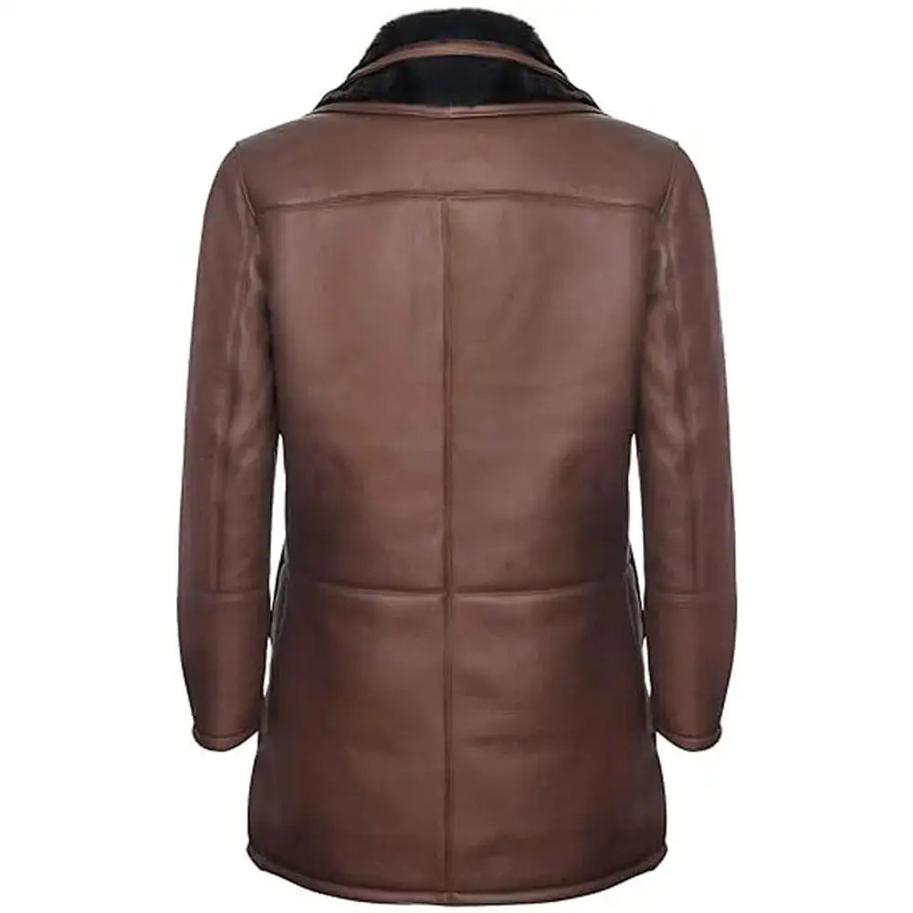 Men’s Brown Double Collar Shearling Trench Coat-2