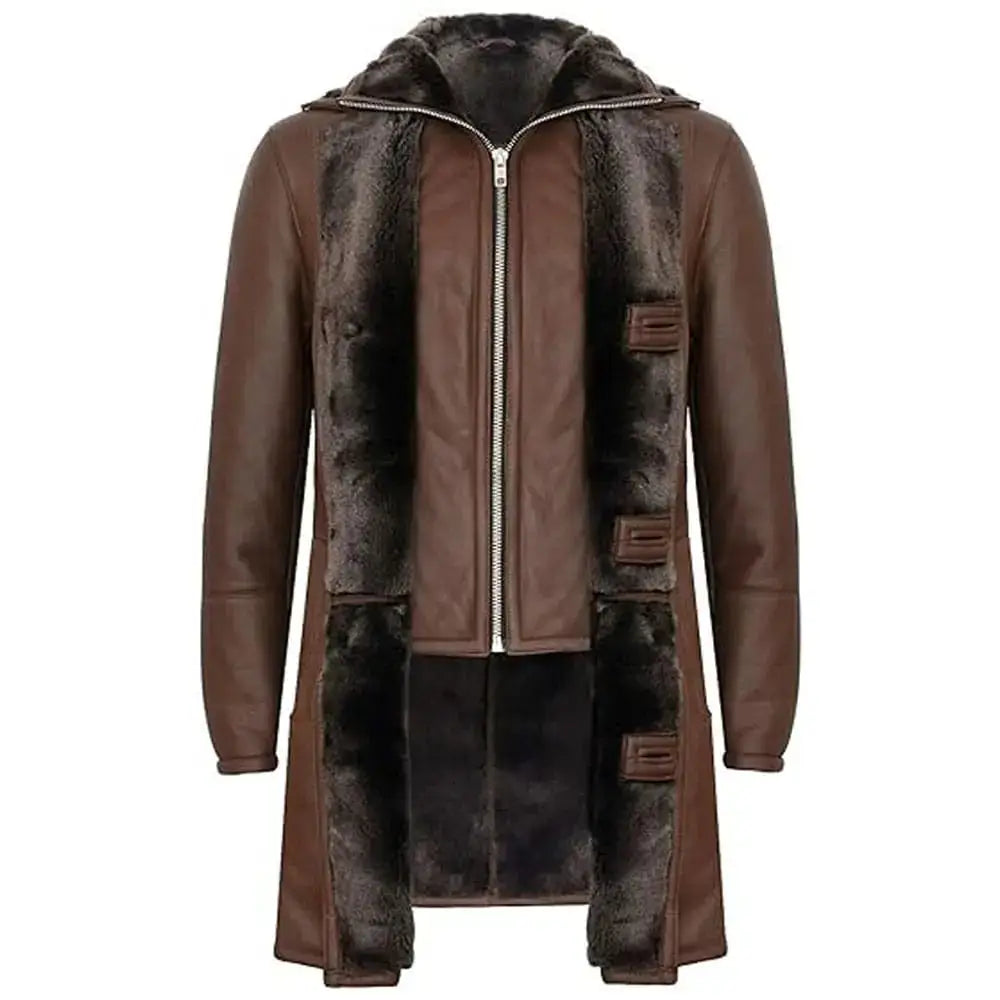 Men’s Brown Double Collar Shearling Trench Coat-1