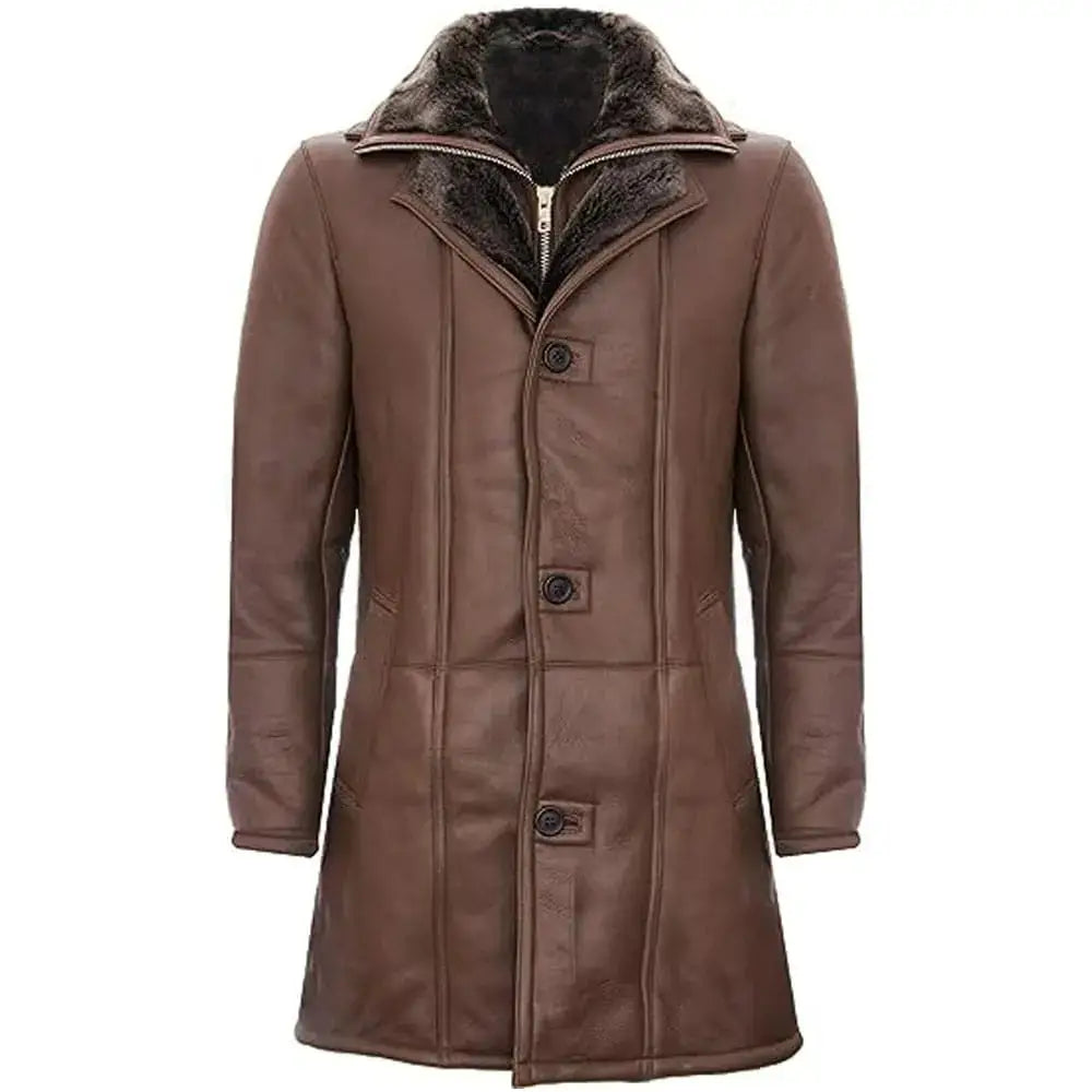 Men’s Brown Double Collar Shearling Trench Coat-0