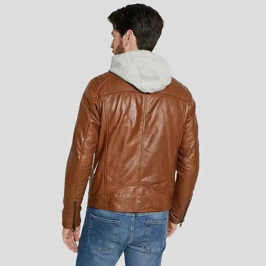 Men’s Brown Lambskin Leather Hooded Jacket-1