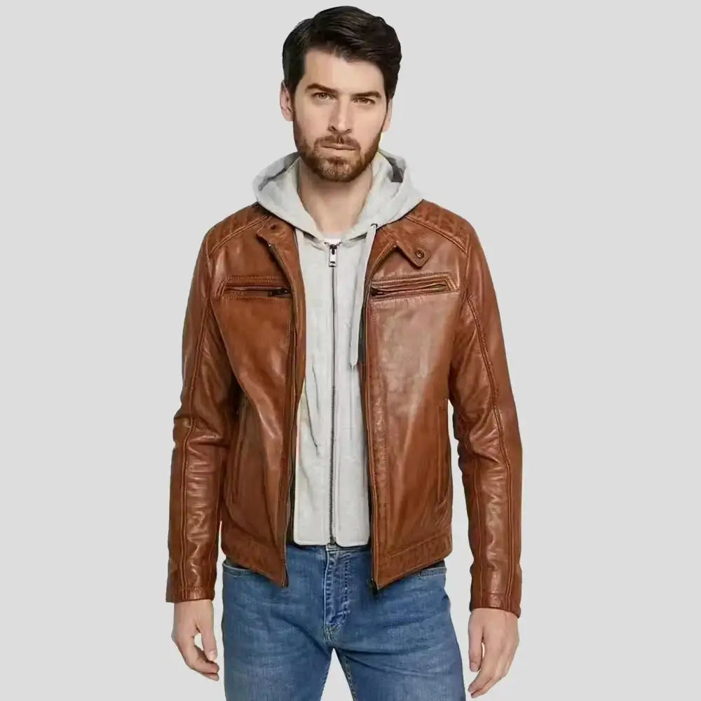 Men’s Brown Lambskin Leather Hooded Jacket-0