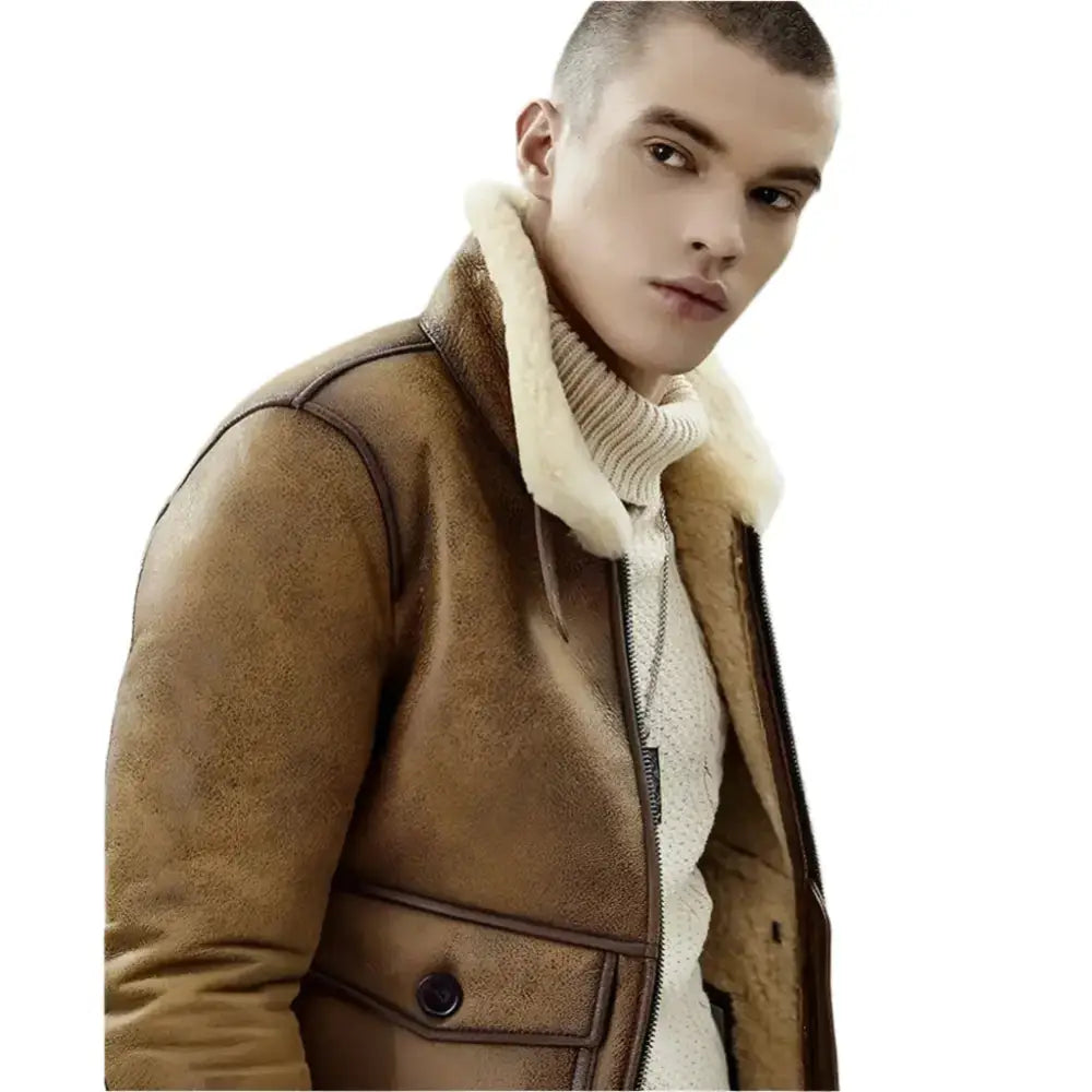 Men’s Brown Shearling Lapel Jacket-3