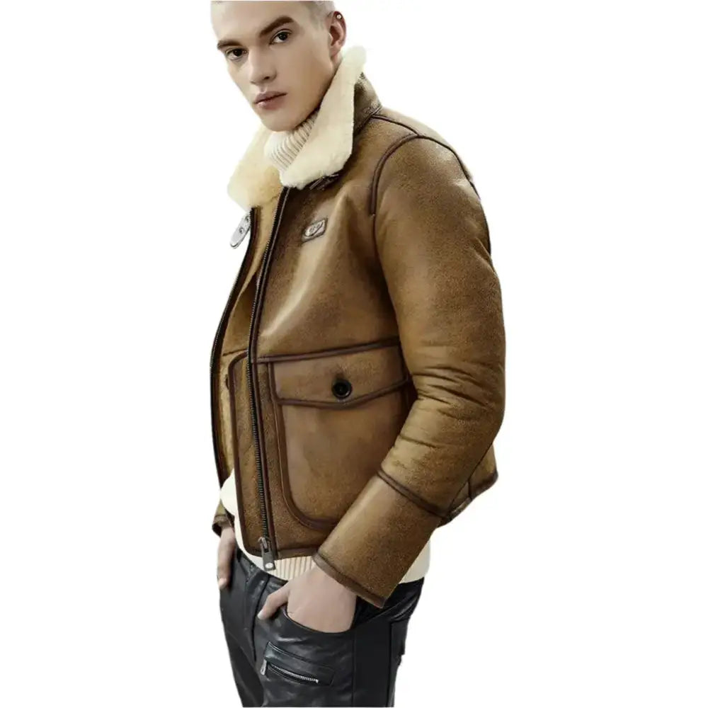 Men’s Brown Shearling Lapel Jacket-2