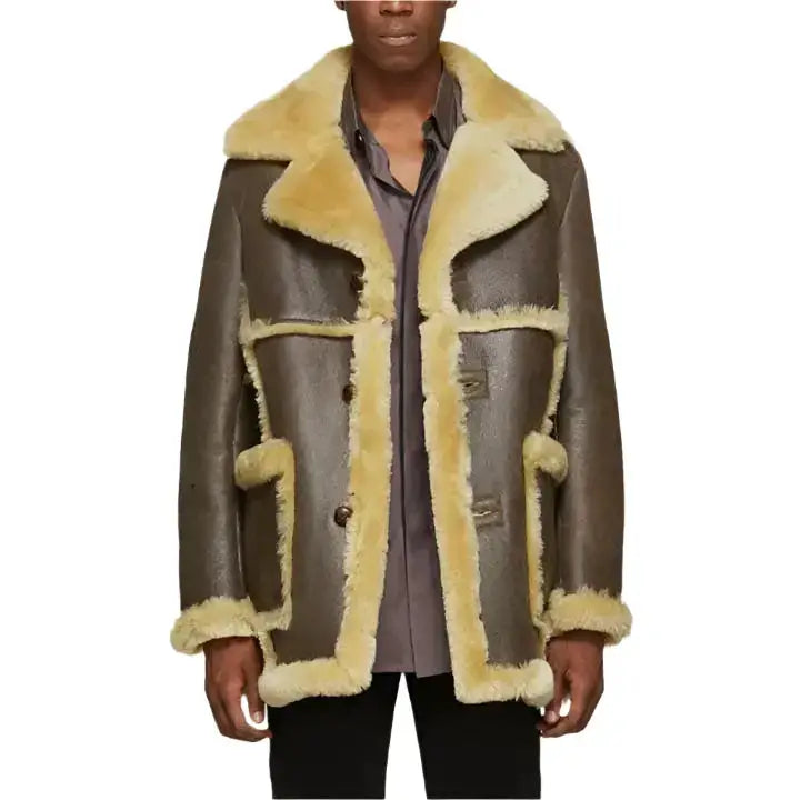 Men’s Brown Sheepskin Shearling Leather Jacket Coat-0