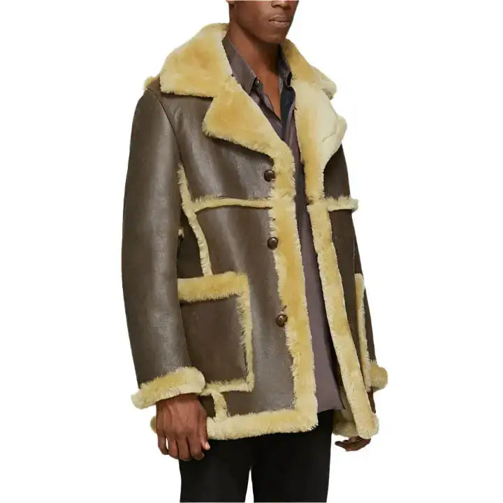 Men’s Brown Sheepskin Shearling Leather Jacket Coat-1