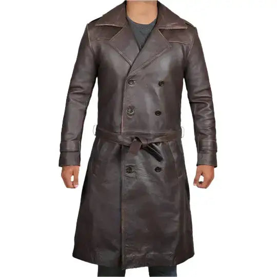 Mens Distressed Brown Leather Trench Coat-0