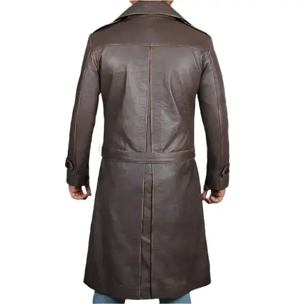 Mens Distressed Brown Leather Trench Coat-1