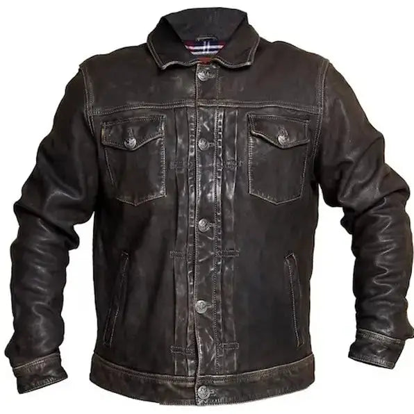 Men’s Distressed Leather Trucker Jacket-0
