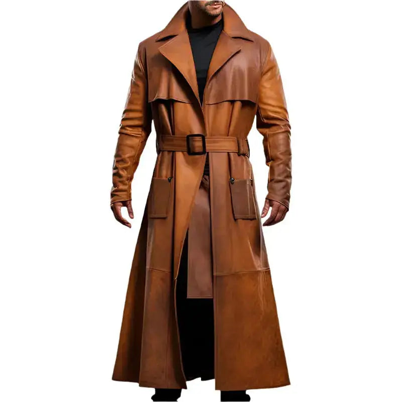 Men’s Peanut Brown Distressed Leather Duster Coat-0
