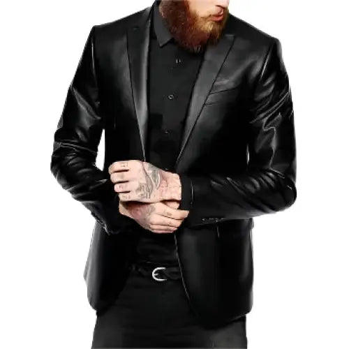 Men’s Elegant Black Leather Blazer Coat-0