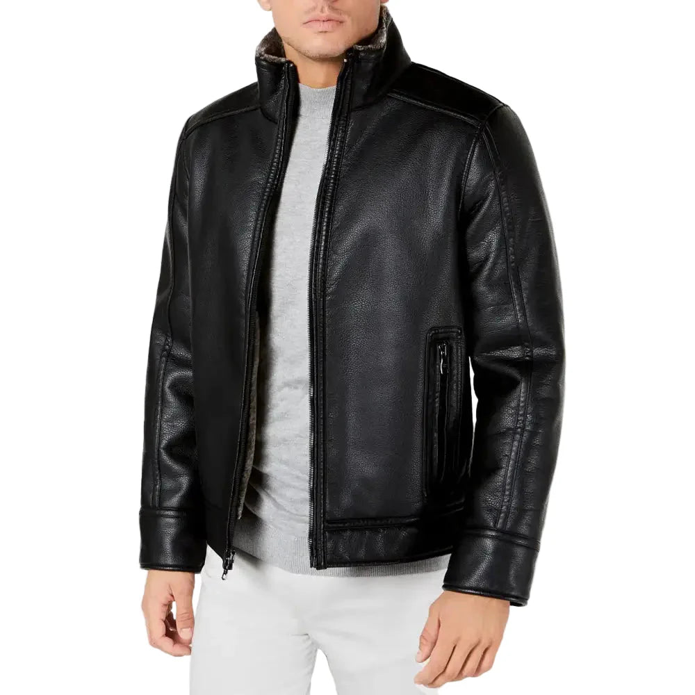 Men’s Faux Leather Jacket with Shearling Lining-0