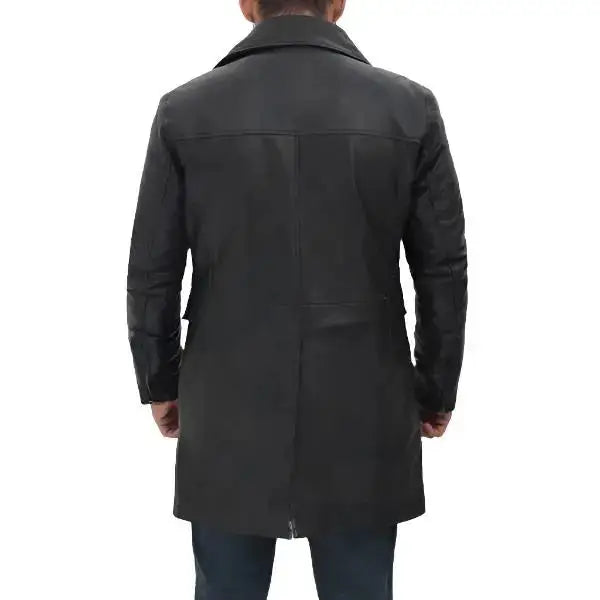 Men’s Four-Pocket Black Leather Trench Coat-1
