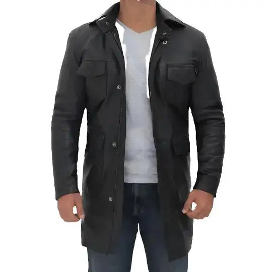Men’s Four-Pocket Black Leather Trench Coat-0