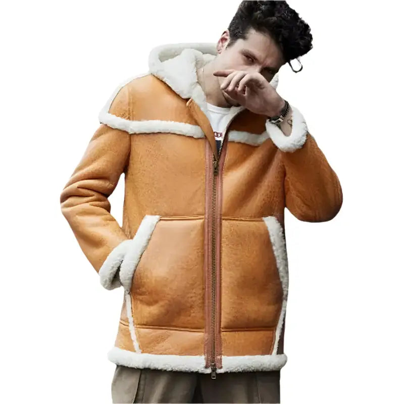 Men's Yellow Hooded Shearling Bomber Coat-3