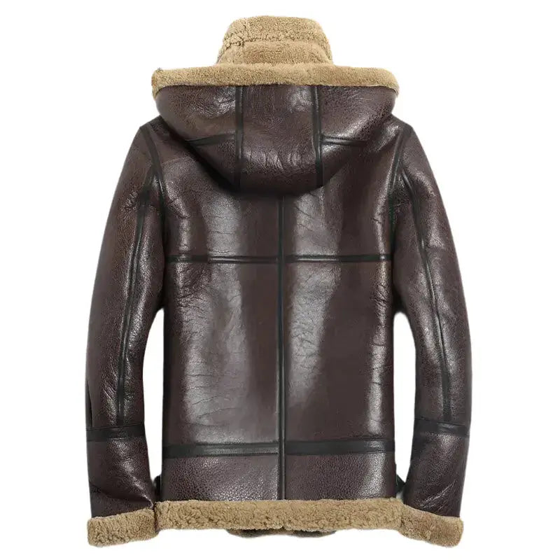 Men’s Hooded Brown Shearling Aviator Jacket – B-3 Sheepskin Coat-1