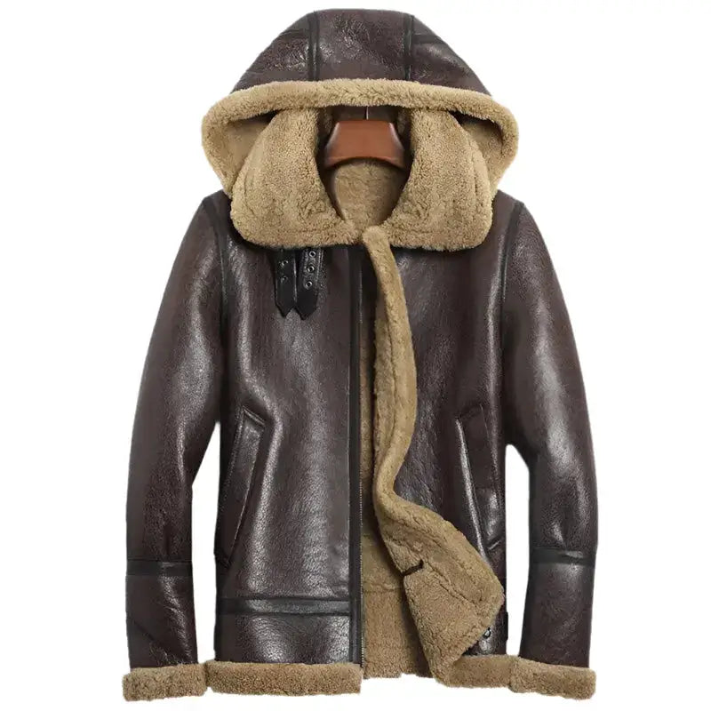 Men’s Hooded Brown Shearling Aviator Jacket – B-3 Sheepskin Coat-0