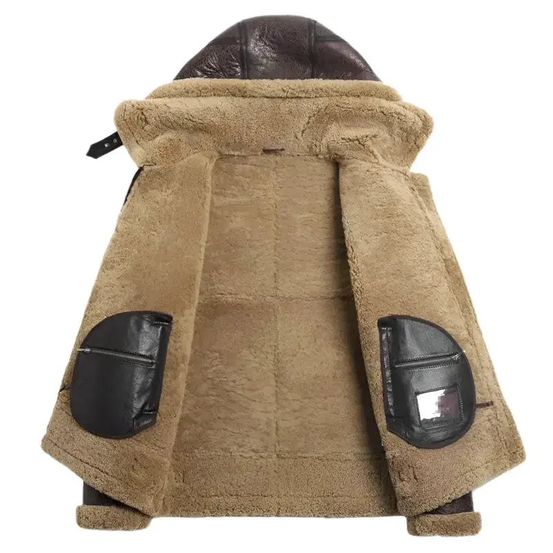 Men’s Hooded Brown Shearling Aviator Jacket – B-3 Sheepskin Coat-2