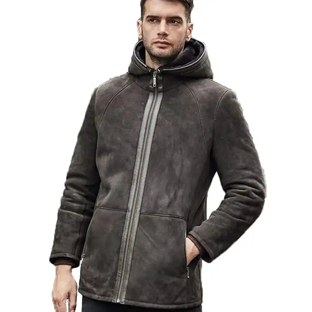 Men’s Hooded Suede Mid-Length Sheepskin Coat-0