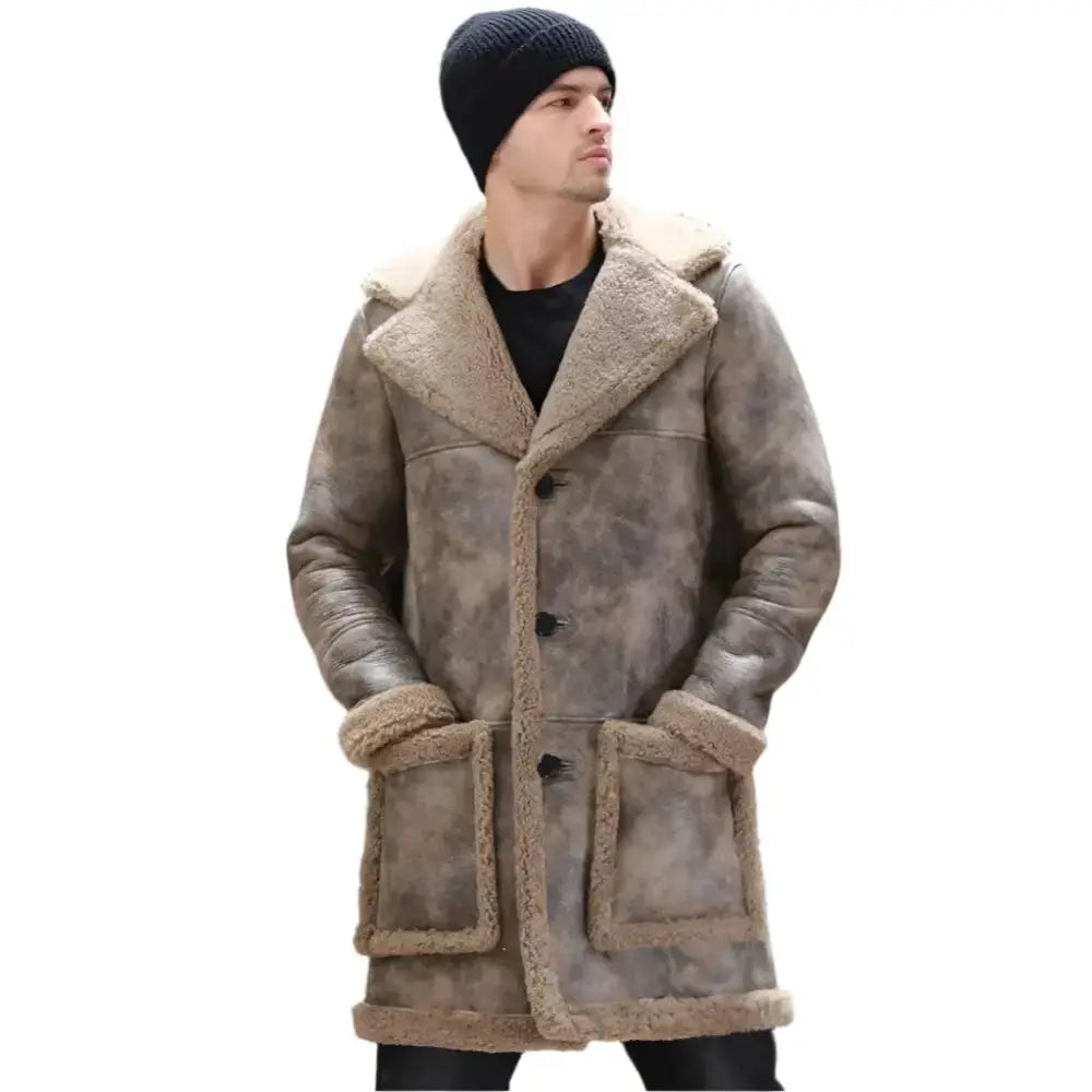 Men’s Long Waxed Shearling Sheepskin Fur Coat-0